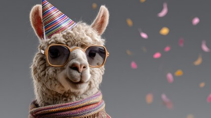 Fototapeta premium Fun and Cheerful Alpaca Wearing Party Hat and Sunglasses Surrounded by Colorful Confetti, Celebrating a Special Occasion with a Stylish Flair