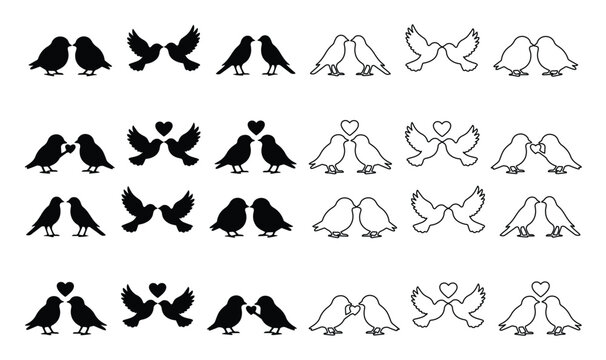 Set of 24 Love Birds Silhouettes Vector Icons