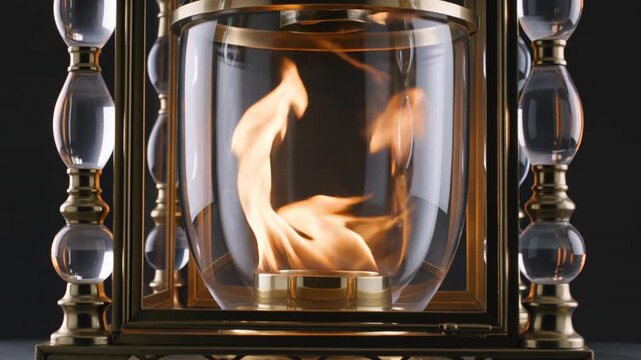 Glass lantern chamber filled controlled swirling fire crystal clear reflections cinematic artistic fire display scene