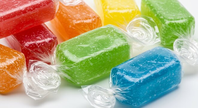 純粋な白背景の上で明るい光を浴びてキラキラと輝く色とりどりの包みキャンディーが透明な包装越しに甘く鮮やかな色彩を際立たせ幸せな気分を呼び起こす素敵な光景. AI Generated