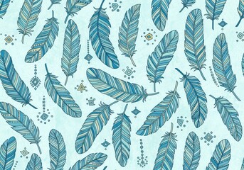 Fototapeta premium Decorative patterned feathers are arranged in a seamless repeat across a textured light blue background.