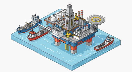 Obraz premium Offshore Oil Rig Platform with Supply Ships Isometric Illustration.