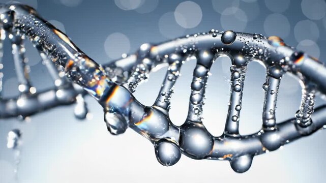 Dna double helix structure with water droplets on a blue background with bokeh 4k video