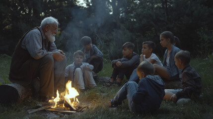 Fototapeta premium Nighttime Campfire Storytelling: Family Adventure and Education in the Outdoors