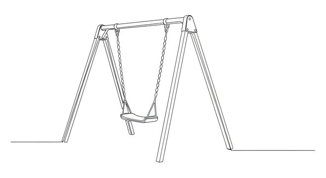 A simple line drawing of a swing set with a single seat suspended by chains