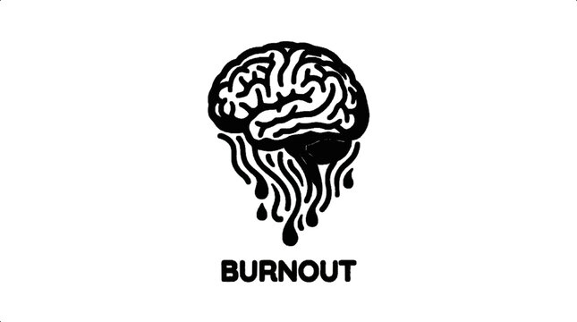 A minimalist vector graphic illustration of a melting brain with the word BURNOUT on a transparent background