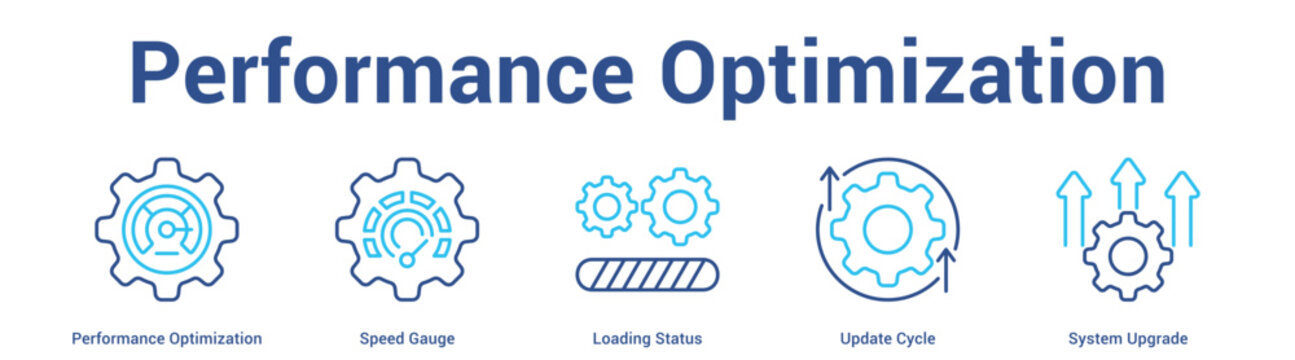 Performance Optimization web banner icon set vector illustration concept for business with icon of Performance Optimization, Speed Gauge, Loading Status, Update Cyc.
