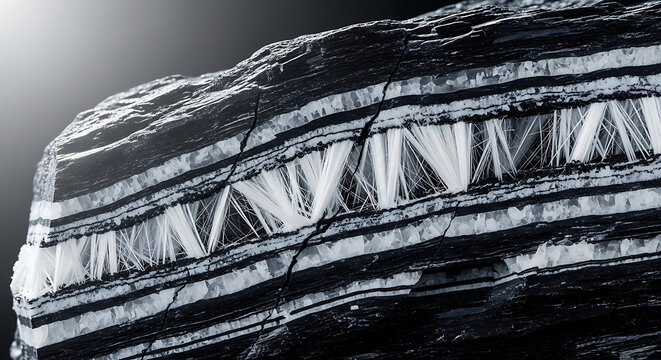 asbestos mineral fibers growing within a dark rock formation showcasing its hazardous crystalline structure and geological layers