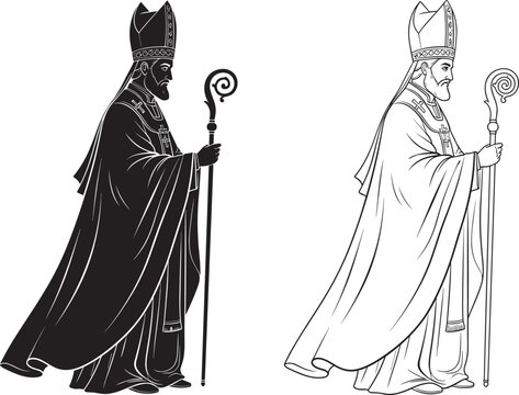 Bishop cleric silhouette and outline illustration, mitre hat robe with crosses, ceremonial crosier staff religious figure design, flat vector illustration