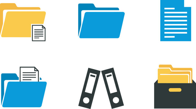 Document and folder organization icons set, office file storage design, data management concept, archive system artwork, flat vector illustration