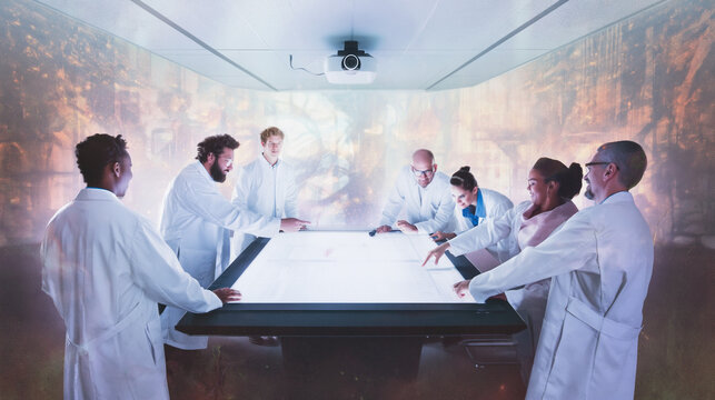 Innovative Scientists Collaborate in Futuristic Laboratory for Multidisciplinary Medical Research and Experimentation Using Technology and Data Analysis for Strategic Healthcare Solutions