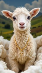 Fototapeta premium Innocent lamb wearing a golden cross necklace, symbolizing Easter, with rolling hills and clouds in soft focus background.