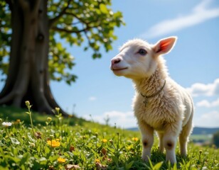 Fototapeta premium Adorable lamb wearing a cross necklace stands on a lush green hillside under a bright blue sky