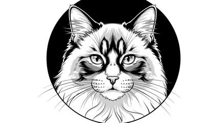 Fototapeta premium Black and White Illustration of a Majestic Ragdoll Cat's Face in a Circle