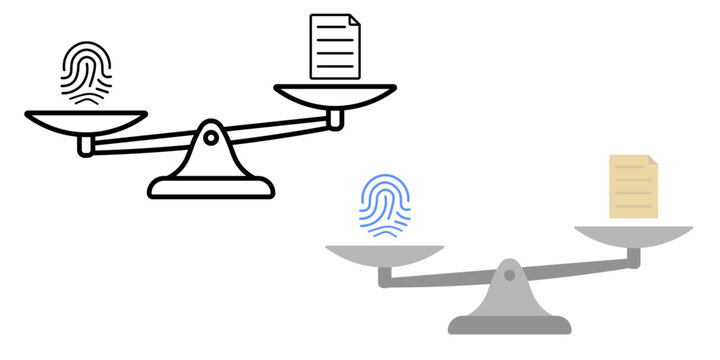 Voting scale influence symbol. Fingerprint outweighing paper ballots on scale. Individual impact versus mass opinion concept. Simple geometric illustration.
