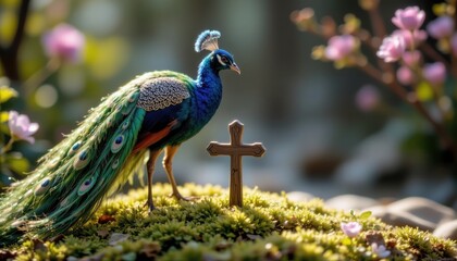 Obraz premium Mystical Peacock Displays Feathers Around Antique Cross on Mossy Spring Morning