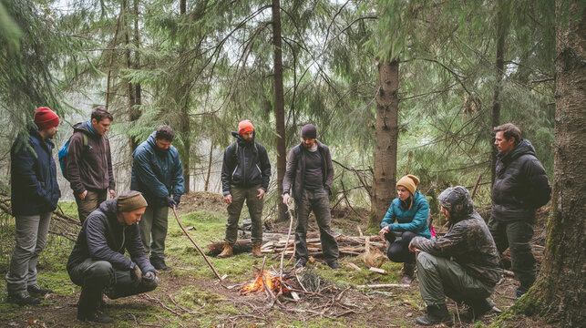Team Building Campfire Adventure: Group of People Bonding in a Cozy Woodland Setting Surrounded by Nature