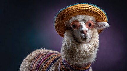 Fototapeta premium Stylish llama wearing sunglasses and a colorful hat showcases unique fashion sense against a vibrant gradient background, perfect for creative projects