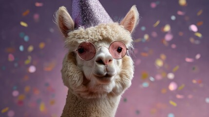 Fototapeta premium Adorable alpaca celebrating with a party hat and glasses amidst colorful confetti on a festive background, perfect for joyous occasions and celebrations.