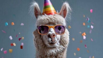 Obraz premium Fun-loving llama wearing sunglasses and colorful party hat surrounded by festive confetti for joyful celebrations and animal-themed events