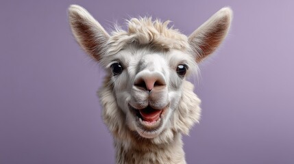 Fototapeta premium Happy and Playful Alpaca with Fluffy Fur and Big Brown Eyes Against a Soft Purple Background