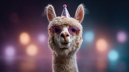 Fototapeta premium Cute llama wearing party hat and sunglasses with colorful background, perfect for festive celebrations and fun animal-themed projects