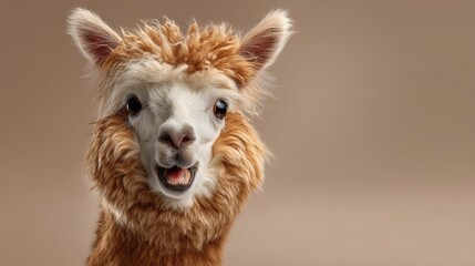 Fototapeta premium Cute alpaca with fluffy fur and bright eyes against a neutral background, showcasing cheerful expression and charm in close-up portrait photography
