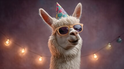 Fototapeta premium Celebratory Alpaca with Sunglasses and Party Hat Embracing a Joyful Atmosphere Under Festive Lights
