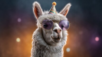Fototapeta premium Fun and Whimsical Alpaca Wearing Party Hat and Sunglasses in a Colorful Celebration Background