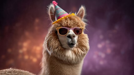 Fototapeta premium Fun and Festive Alpaca Wearing Sunglasses and Birthday Hat Celebrating Joyful Occasion with Colorful Background and Happy Expression