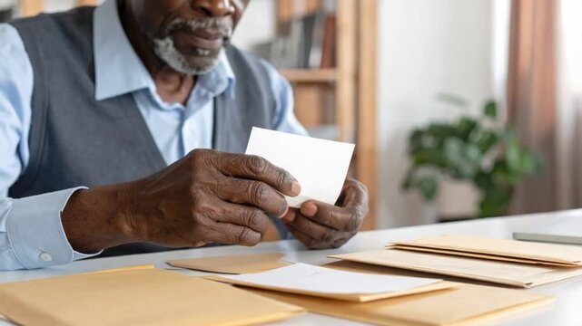 Elderly African American man holding a blank card or photo, organizing documents