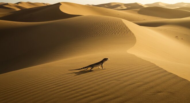 夕日に照らされる広大な砂漠で砂丘をゆっくりと歩く小さなトカゲの美しい姿. AI Generated