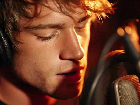 A handsome young singer with closed eyes passionately performs into a microphone in a warm and softly lit recording studio booth environment.