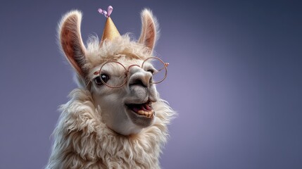 Fototapeta premium Cute llama wearing a party hat and glasses, smiling joyfully while celebrating a birthday or special occasion against a soft gradient background