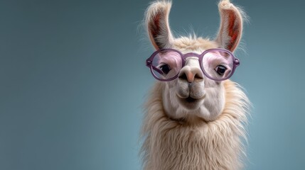 Fototapeta premium Playful llama wearing stylish purple glasses against a soft blue background with a lighthearted and fun expression, perfect for quirky animal photography