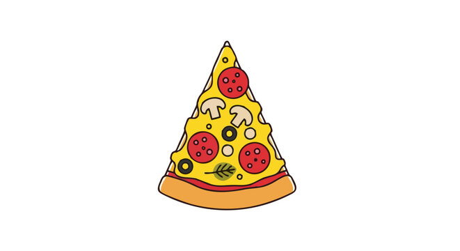 Delicious cartoon illustration of a single pepperoni pizza slice with mushrooms and olives on a white background.