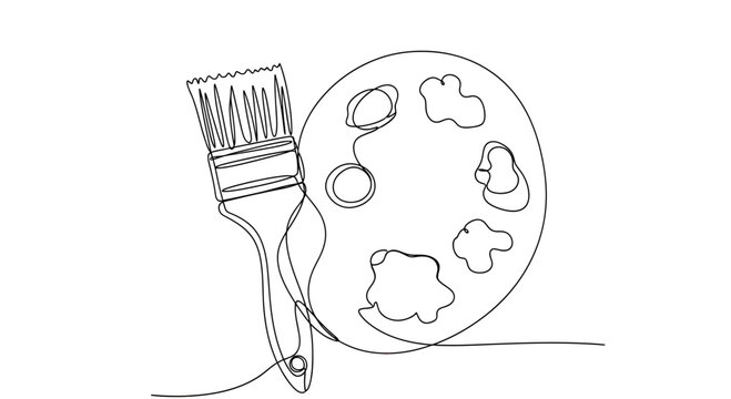 A simple line drawing of a paintbrush and a paint palette with blobs