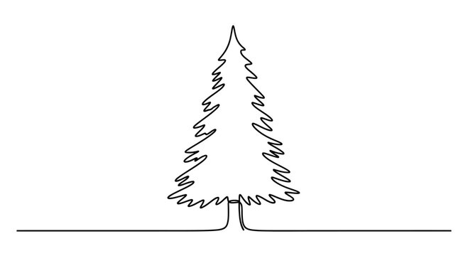 Minimalist single line drawing of a coniferous tree on white background