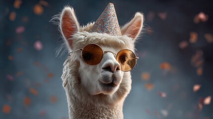 Fototapeta premium Festive Alpaca with Party Hat and Sunglasses Surrounded by Colorful Confetti Celebrating a Fun Occasion in a Bright and Playful Atmosphere