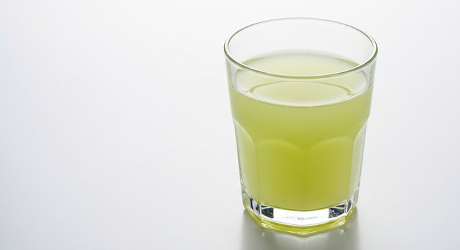 明るく均一なスタジオ照明が優しく降り注ぐ清潔感あふれる真っ白な空間に透明なグラスが美しく配置され淡い緑色のフレッシュジュースが光を反射してきらめくその瑞々しさが心と体に爽やかな活力と癒しをもたらす印象的な一枚. AI Generated