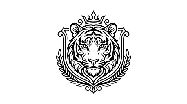 Tiger face with crown and leaves.