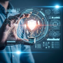 Obraz premium Futuristic Cybersecurity Concept with Glowing Light Bulb and Digital Shield Interface – Business Innovation, Data Protection, Artificial Intelligence, and Network Security Visualization with Advanced 