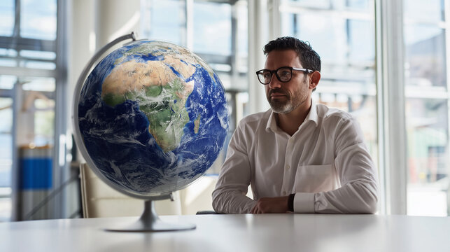 Global Business Strategy: Entrepreneur Analyzing World Map for Innovative Solutions in a Modern Office Workspace