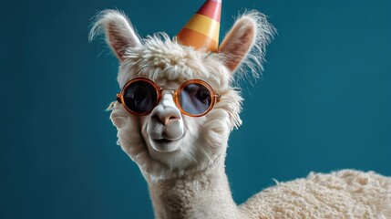 Fototapeta premium Playful Alpaca Wearing Sunglasses and Birthday Hat Smiling at Camera Against a Blue Background for Celebratory Theme in Stock Photography