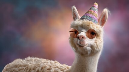 Fototapeta premium Charming and Whimsical Alpaca Wearing Party Hat and Sunglasses Against Colorful Background, Perfect for Fun and Festive Themes