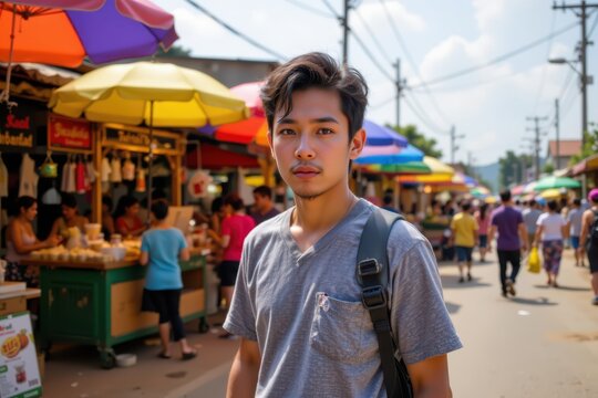 Young man in traditional Thai street market, vibrant colors, refreshing atmosphere, Songkran festival vibes, rural Thailand travel