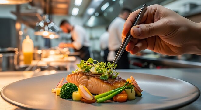 Chef Plating Gourmet Pan-Seared Salmon with Garnish and Vegetables in Commercial Kitchen