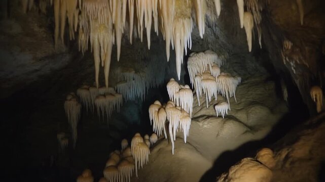 Underground Limestone Cavern with Stalactites and Stalagmites