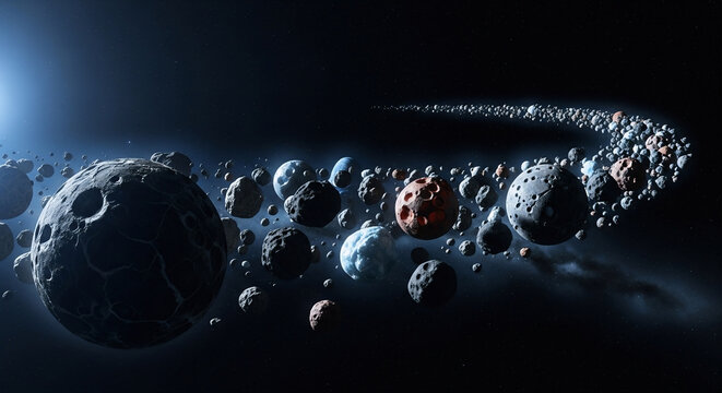 A vast field of rocky debris forming an astroid belt within the dark expanse of deep space featuring numerous cratered moon-like surfaces and particles