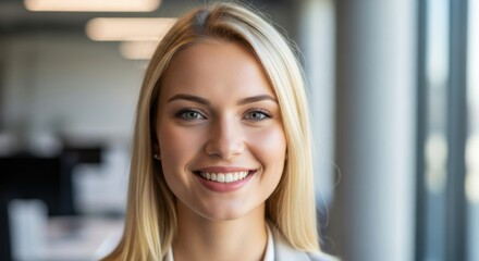 Fototapeta premium Smiling young professional woman looks directly into the camera in a bright office environment.